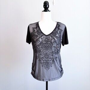 Y2K Vanilla Sugar Top Mesh Overlay Rhinestones Grunge Soft Goth Black Size L